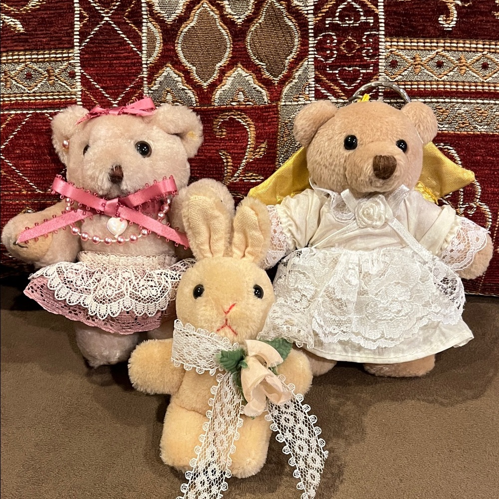 Adorable Plush Bear and Bunny Set with Lace Dresses vintage 90’s